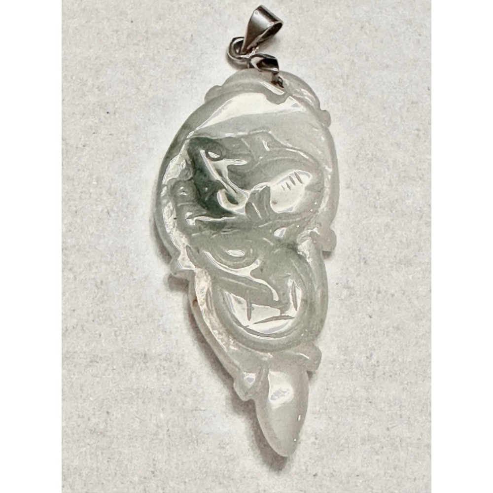 18K GP White Gold Carved Icy White Green Jadeite Jade Dragon Ruyi Pendant 4.5cm - Picture 7 of 15